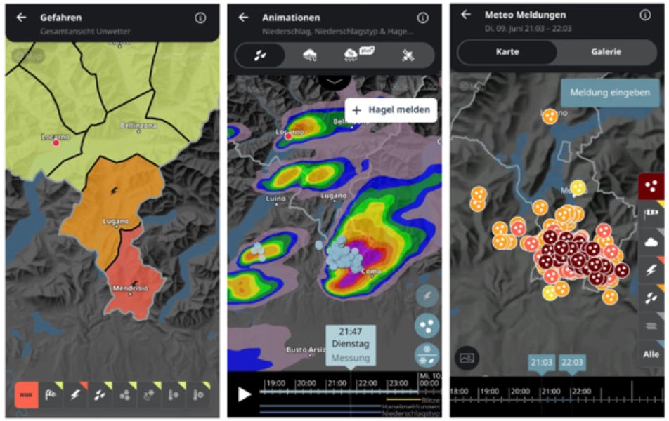 Three screenshots of the MeteoSwiss App on 9 June 2026: thunderstorm warning map for Ticino, radar animation with hail over the Mendrisiotto, and a map of user hail reports